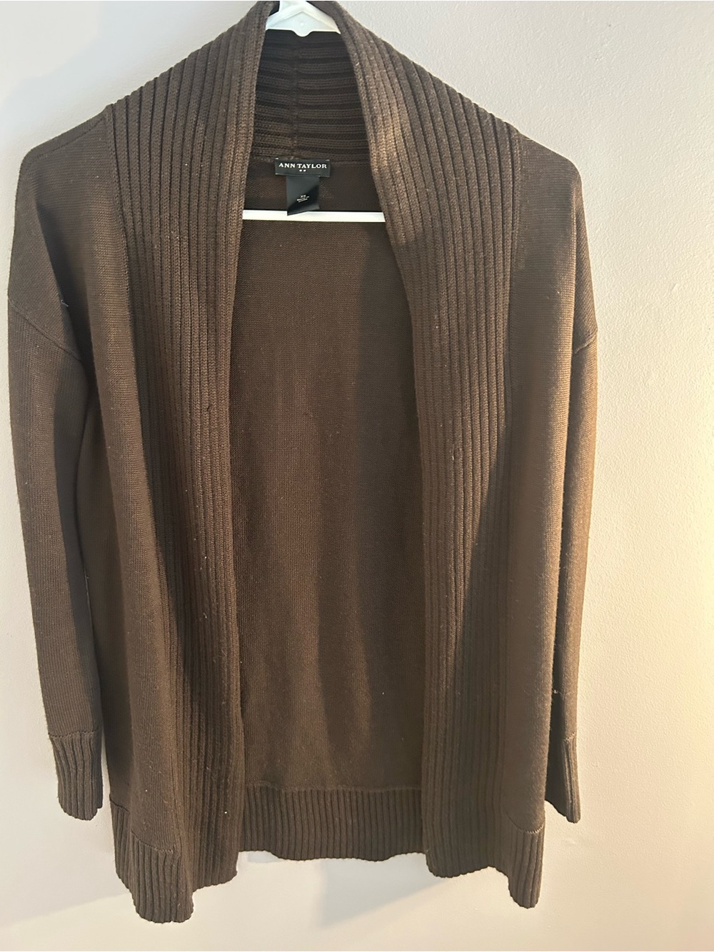 Ann Taylor Brown Open-Front Ribbed Shawl Collar Cardigan